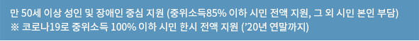 만 50세 이상 성인 및 장애인 중심 지원 (중위소득85% 이하 시민 전액 지원, 그 외 시민 본인 부담) ※ 코로나19로 중위소득 100% 이하 시민 한시 전액 지원 (’20년 연말까지)