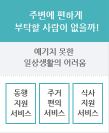 주변에 편하게 부탁할 사람이 없을까!(예기치 못한 일상생활의 어려움 --> 동행지원 서비스 / 주거편의 서비스 / 식사지원 서비스)